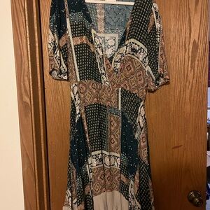 Green and Brown Flutter Sleeve Midi Sundress